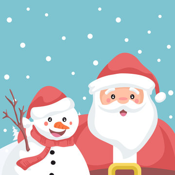 Merry Christmas card of Santa Claus and snowman embraced