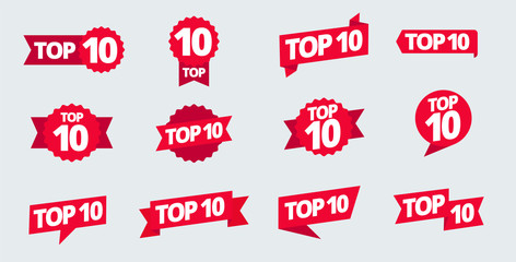 Top 10 heading title set. Best ten list. Word on ribbon. Winner tape award text title.