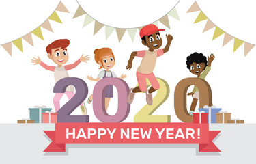 Cartoon character Poses, Card for New Year 2020 with happy kids.