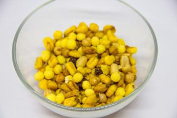 beer mix in a plate. Raisins, Peanuts, Fried Corn, Chickpeas