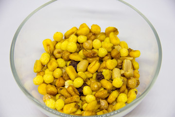 beer mix in a plate. Raisins, Peanuts, Fried Corn, Chickpeas