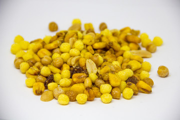 beer mix laid out on a white background. Raisins, Peanuts, Fried Corn, Chickpeas