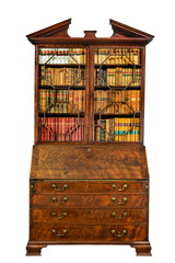 Beautiful old wooden bureau bookcase with books on a white background.