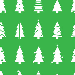Simple Christmas seamless pattern with white Christmas trees. Retro textile collection. On green background
