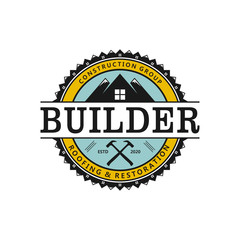 Builder real estate logo roofing restoration rebuild house service contracting with mountain rood logo element