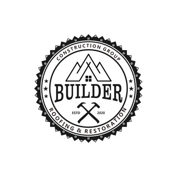 Builder real estate logo roofing restoration rebuild house service contracting with mountain rood logo element