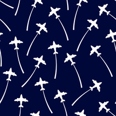 Airplane destinations seamless textile pattern. Adventure time concept on blue background