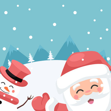 Cheerful Santa Claus and snowman in Merry Christmas card