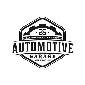 Automotive logo design, vintage style logo for garage workshop with piston gear element