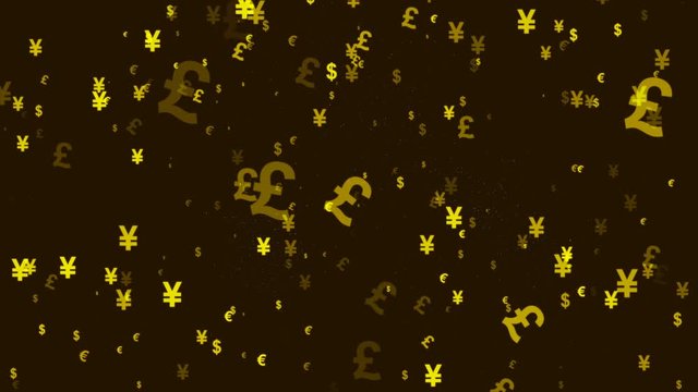Yellow symbols of the world's major currencies, a short designation of the name of the currency unit, fly on a brown background in space