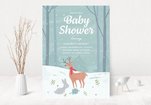 Baby Shower Invitation Layout with Winter Scene Illustration