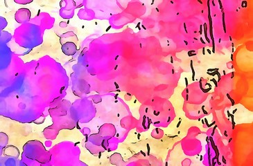 Grunge watercolor splashes and spots. Abstract paint background in dirty style. Chaotic colors painting on vintage paper.