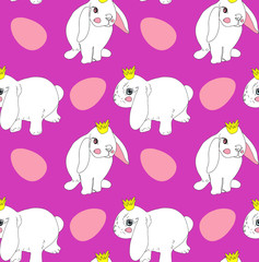 Cute white rabbits and eggs on pink background. Seamless pattern. Illustration. Easter design concept for fabric, paper, card, poster, walpaper. 