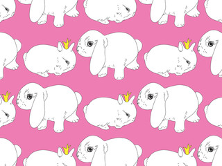 White cute rabbits in crown on pink background seamless pattern. Illustration. Easter design concept for fabric, paper, card, poster, walpaper. 
