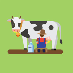 farmer milking cow, fresh milk can flat illustration vector