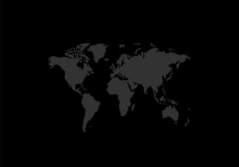 World map vector, isolated on black background. Vector illustration of grey world map silhouette on black background.