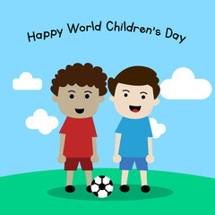 World Children's Day, two children standing on the field, with their feet on their feet, the sky is bright blue
