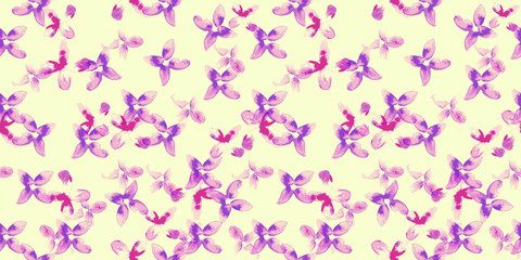 Obraz na płótnie Canvas Purple and pink vector flowers over light yellow background - Seamless repeating pattern for paper, textiles of backgrounds