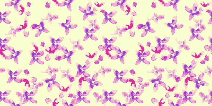 Purple and pink vector flowers over light yellow background - Seamless repeating pattern for paper, textiles of backgrounds