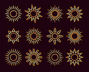 Golden sun icons with different rays. Gold summer symbols with gradient. Line sunlight signs on dark background. Vector illustration