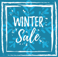 Winter sale banner template. Blue vector illustration of season clearance sale offer. Grunge paint flyer poster background with snowflake & text