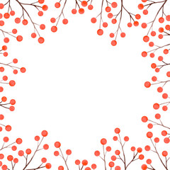 Watercolor autumn frame from branches with rowan berries