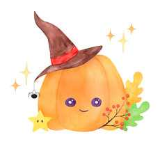 Watercolor Concept Pumpkin with witch hat on white background