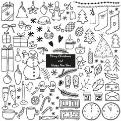 Big set of New Year and Xmas icons in doodle style. Isolated on white background. Winter seasonal element for banners, cards, coloring book, stickers design. Cute hand drawn vector illustration