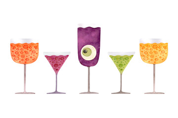 Watercolor Halloween cocktail set on white background