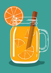 Fresh spicy orange tea drink with orange pieces and cinnamon stick in glass vintage mason jar. Healthy natural delicious refreshing citrus fruit hot beverage. Vector illustration.