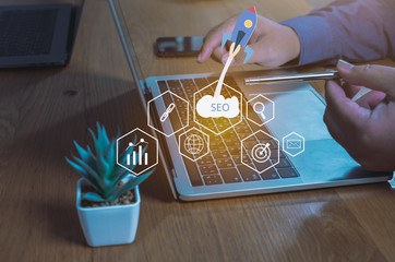 SEO Search Engine Optimization concept with laptop computer. ranking traffic on website, internet technology for business company.