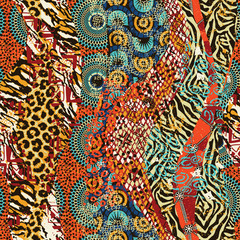 Cotton fabric African traditional fabric and wild animal skins patchwork wallpaper abstract vector seamless pattern