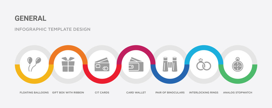 7 Filled Icon Set With Colorful Infographic Template Included Analog Stopwatch, Interlocking Rings, Pair Of Binoculars, Card Wallet, Cit Cards, Gift Box With Ribbon, Floating Balloons Icons