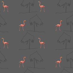 Flamingos and umbrellas on gray background. Seamless pattern for fabric, paper. Summer concept design.
