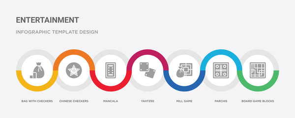 7 filled icon set with colorful infographic template included board game blocks, parchis, mill game, yahtzee, mancala, chinese checkers, bag with checkers game icons