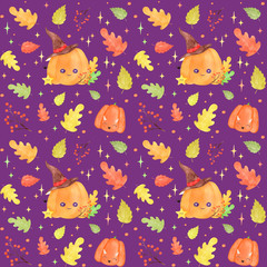 Watercolor autumn pattern with pumpkins, leaves and branches on purple background