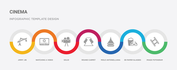 7 filled icon set with colorful infographic template included image fotogram, 3d paper glasses, mole antonelliana in turin, round carpet, solid, watching a video on a tablet, jimmy jib icons
