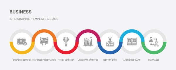 7 filled icon set with colorful infographic template included rearrange, american dollar bill, identity card, line chart statistics, money searcher, statistics presentation, briefcase settings icons