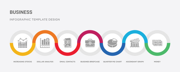 7 filled icon set with colorful infographic template included money, ascendant graph, quarter pie chart, bussines briefcase, email contacts, dollar analysis bars chart, increasing stocks graphic of