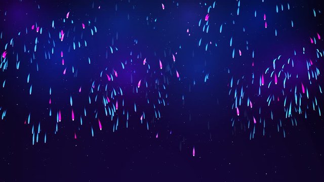 Bright fireworks in the night sky with stars. Beautiful festive sky. Colorful fireworks on a dark blue background. Animated background, seamless loop