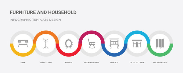 7 filled icon set with colorful infographic template included room divider, gateleg table, lowboy, rocking chair, mirror, coat stand, desk icons