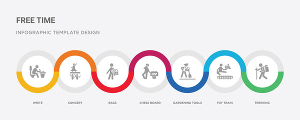 7 filled icon set with colorful infographic template included trekking, toy train, gardening tools, chess board, bags, concert, write icons