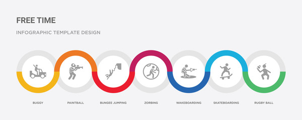 7 filled icon set with colorful infographic template included rugby ball, skateboarding, wakeboarding, zorbing, bungee jumping, paintball, buggy icons