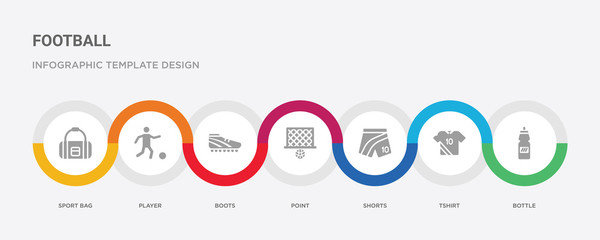 7 filled icon set with colorful infographic template included bottle, tshirt, shorts, point, boots, player, sport bag icons