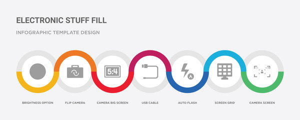 7 filled icon set with colorful infographic template included camera screen, screen grid, auto flash, usb cable, camera big screen size, flip camera, brightness option icons