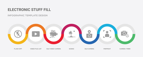 7 filled icon set with colorful infographic template included camera timer, portrait, old camera, scenic, old video camera, video file list, flash off icons
