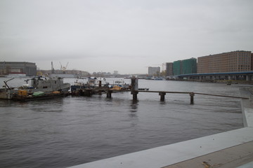 Fototapeta premium Berth for ships on the river in autumn day
