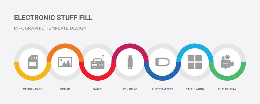 7 filled icon set with colorful infographic template included film camera, calculating, empty battery, pen drive, radio, picture, memory card icons