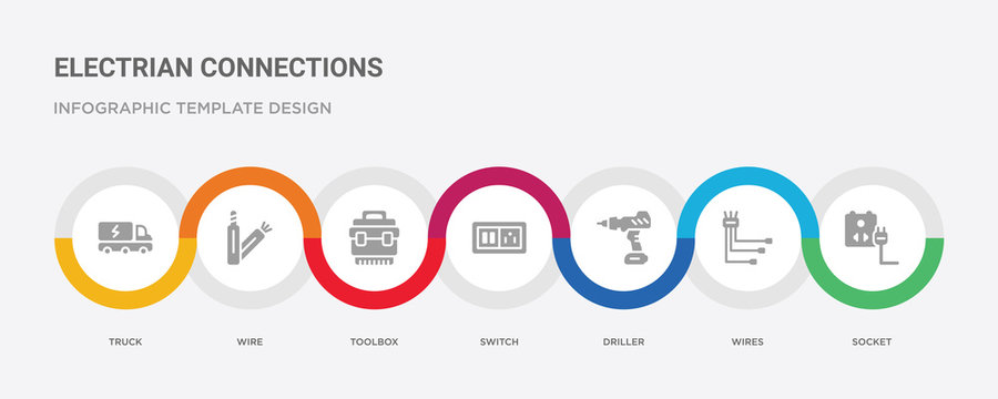 7 Filled Icon Set With Colorful Infographic Template Included Socket, Wires, Driller, Switch, Toolbox, Wire, Truck Icons