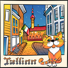 Vector sketch with cute red cat and Town Hall in Medieval Old Town of Tallinn, Estonia